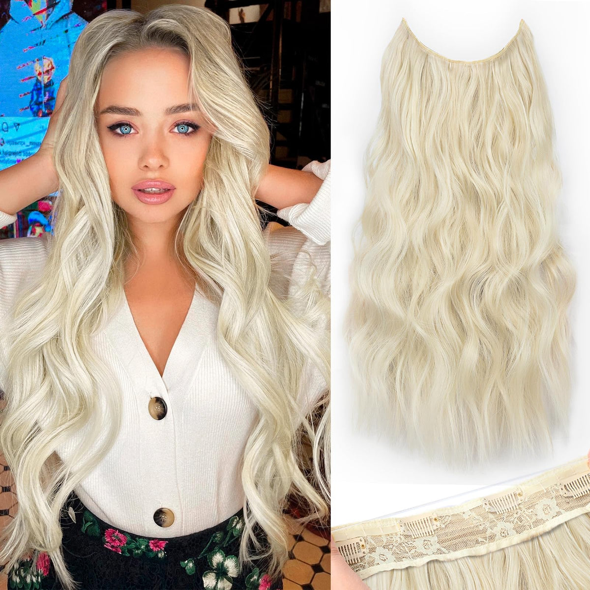 KooKaStyle Wavy Invisible Wire Hair Extensions Platinum Blonde front view