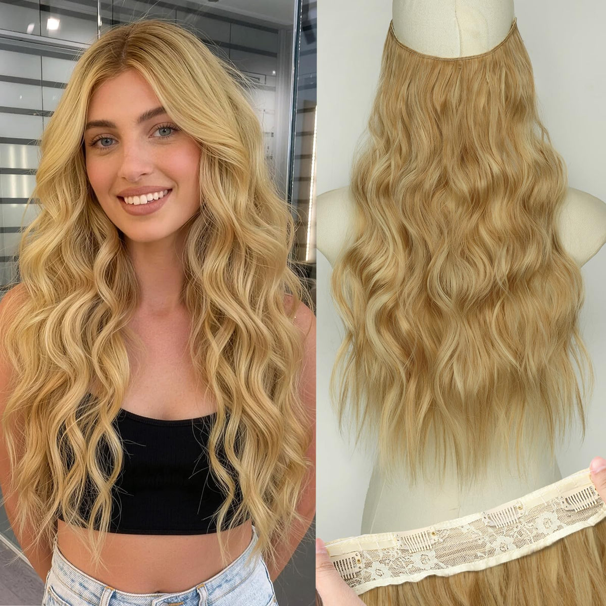 KooKaStyle Wavy Invisible Wire Hair Extensions Warm Honey Blonde front view