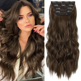 KooKaStyle Wavy Thick Clip in Hair Extensions 16" Chestnut Brown front view