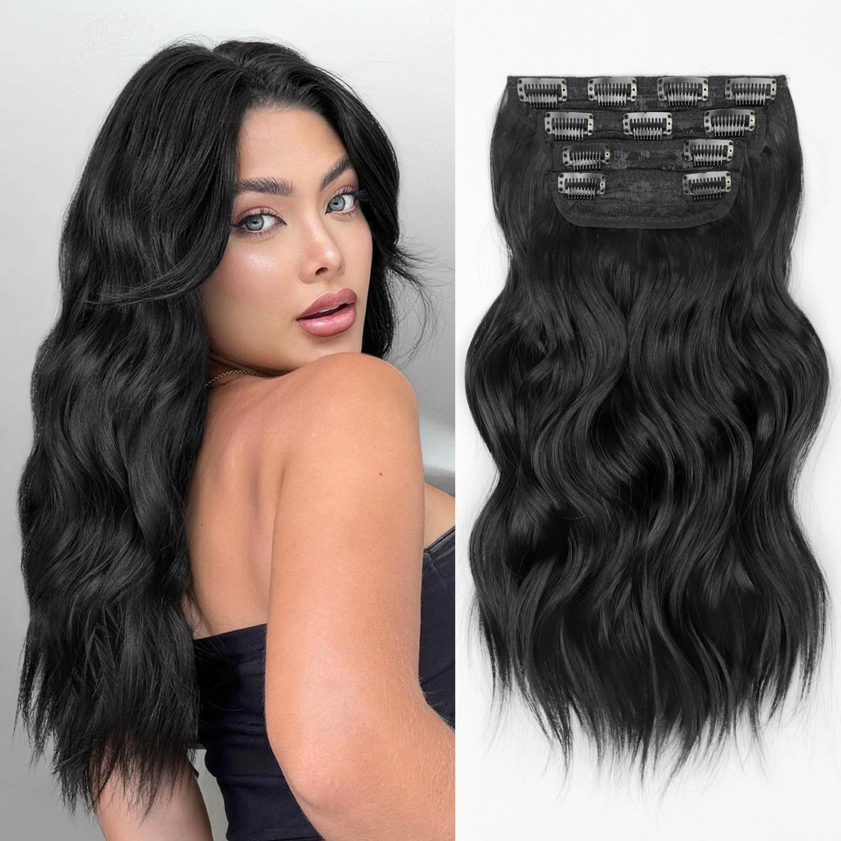 KooKaStyle Wavy Thick Clip in Hair Extensions 16-inch black front view