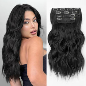 KooKaStyle Wavy Thick Clip in Hair Extensions 16-inch black front view