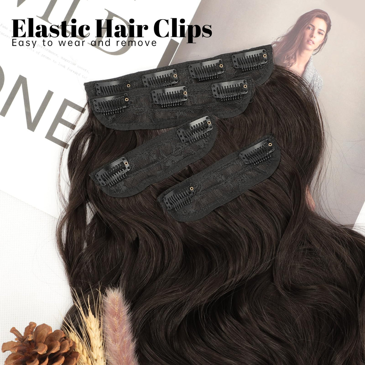 KooKaStyle Wavy Thick Clip in Hair Extensions 16-inch dark brown packaging