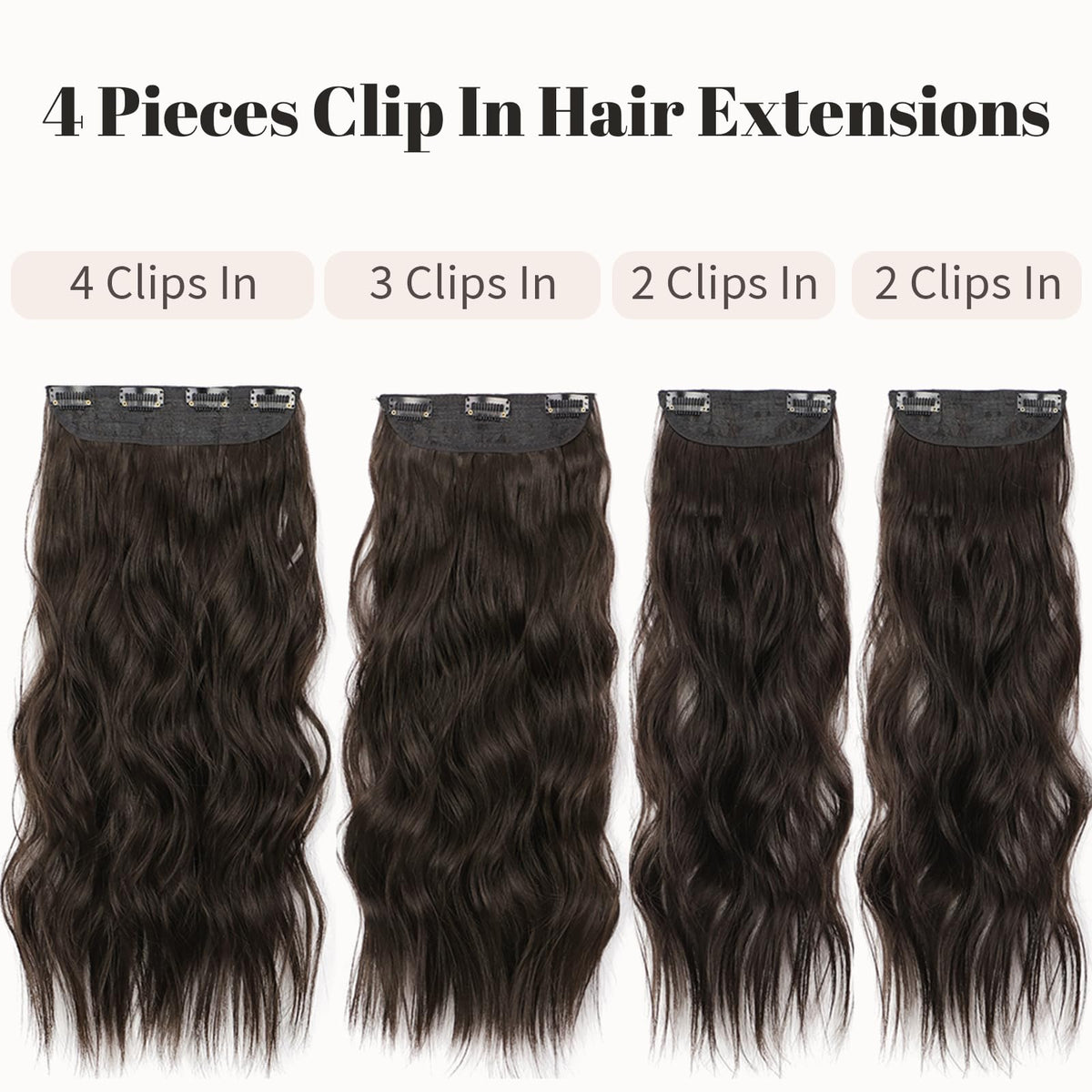 KooKaStyle Wavy Thick Clip in Hair Extensions 16-inch dark brown styled in hair