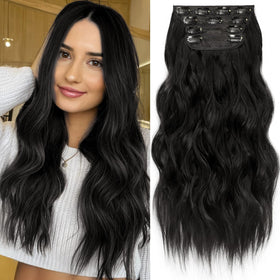 KooKaStyle Wavy Thick Clip in Hair Extensions 16" Natural Black front view
