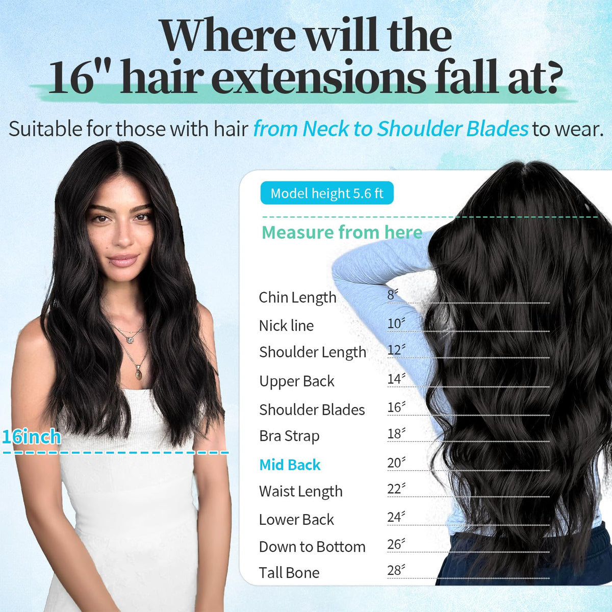 KooKaStyle Wavy Thick Clip in Hair Extensions 16" Natural Black styled in hair