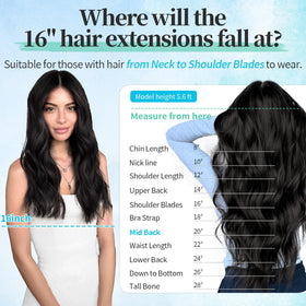 KooKaStyle Wavy Thick Clip in Hair Extensions 16" Natural Black styled in hair