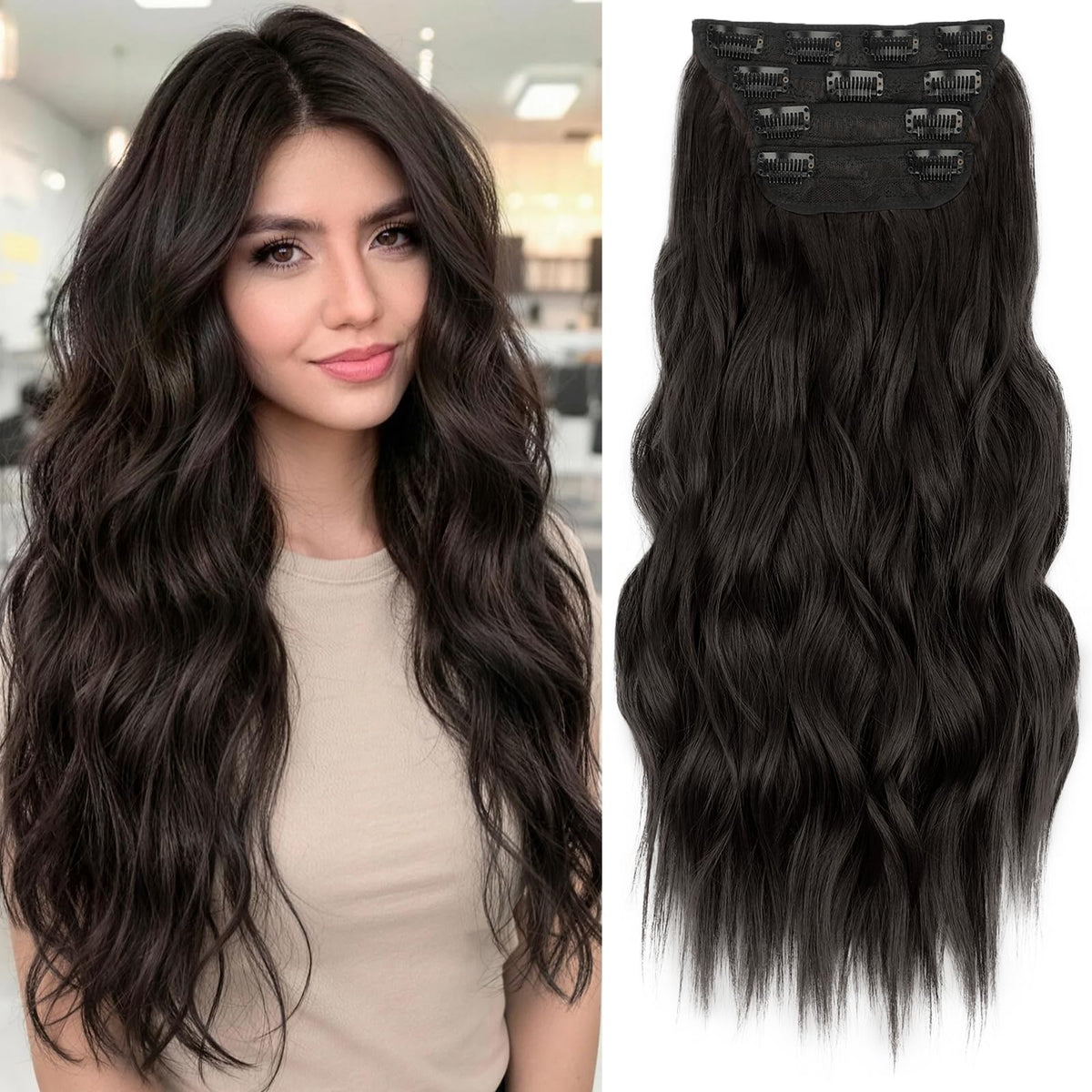 KooKaStyle Wavy Thick Clip in Hair Extensions 20" Dark Brown front view