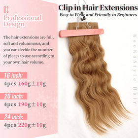 KooKaStyle Wavy Thick Clip in Hair Extensions 20 inch Auburn Brown close-up of clips