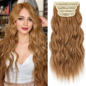 KooKaStyle Wavy Thick Clip in Hair Extensions 20 inch Auburn Brown front view