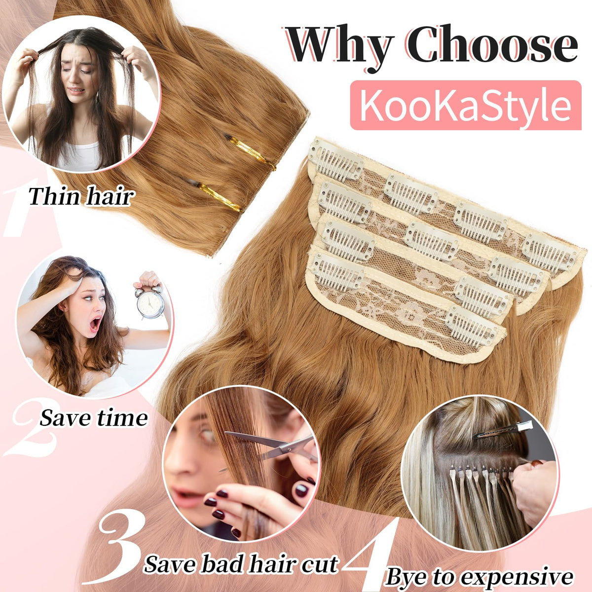 KooKaStyle Wavy Thick Clip in Hair Extensions 20 inch Auburn Brown side view