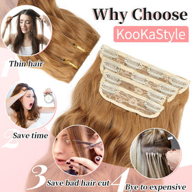 KooKaStyle Wavy Thick Clip in Hair Extensions 20 inch Auburn Brown side view