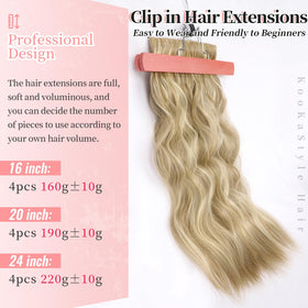 KooKaStyle Wavy Thick Clip in Hair Extensions 20-inch Beach Blonde close-up of clips