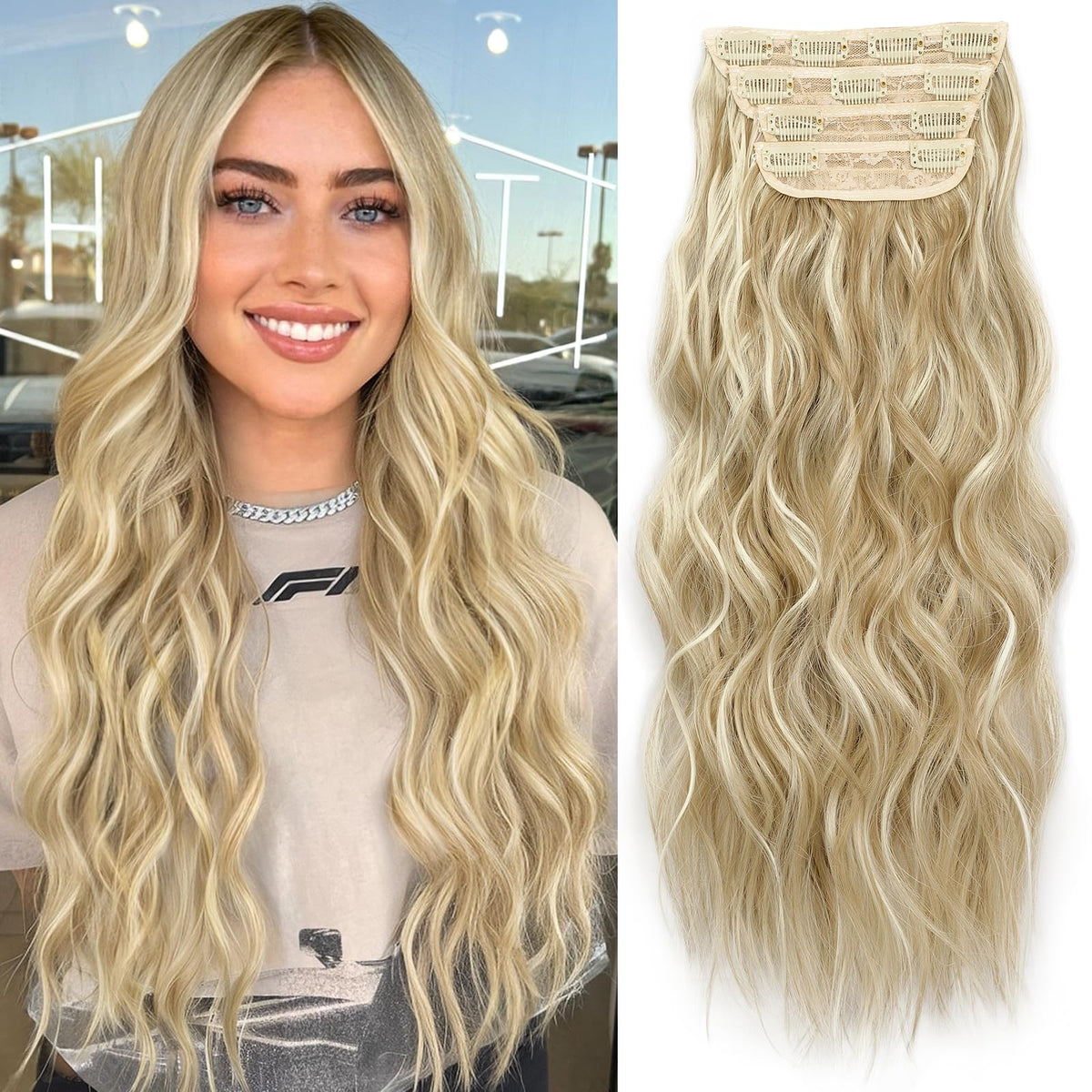KooKaStyle Wavy Thick Clip in Hair Extensions 20-inch Beach Blonde front view