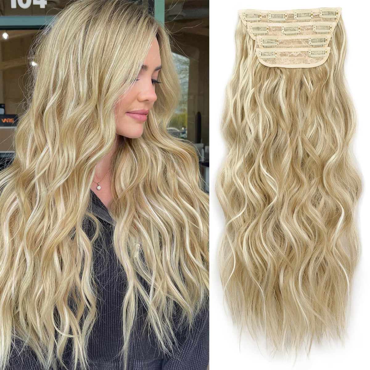 KooKaStyle Wavy Thick Clip in Hair Extensions 20 inch Beach Blonde front view