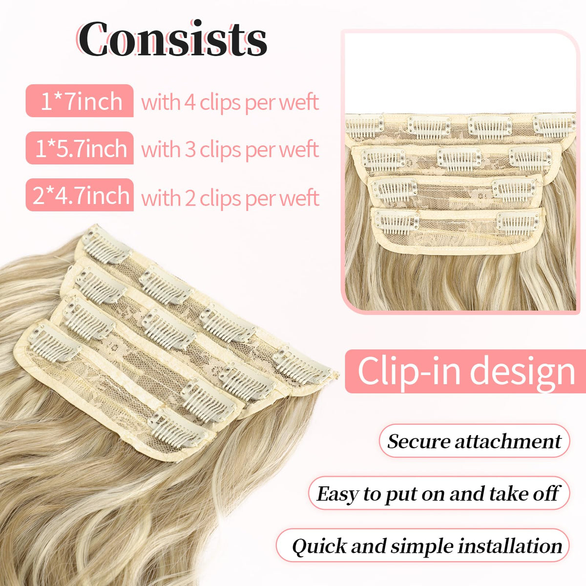 KooKaStyle Wavy Thick Clip in Hair Extensions 20-inch Beach Blonde styled in hair