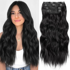 KooKaStyle Wavy Thick Clip in Hair Extensions 20-inch Black front view