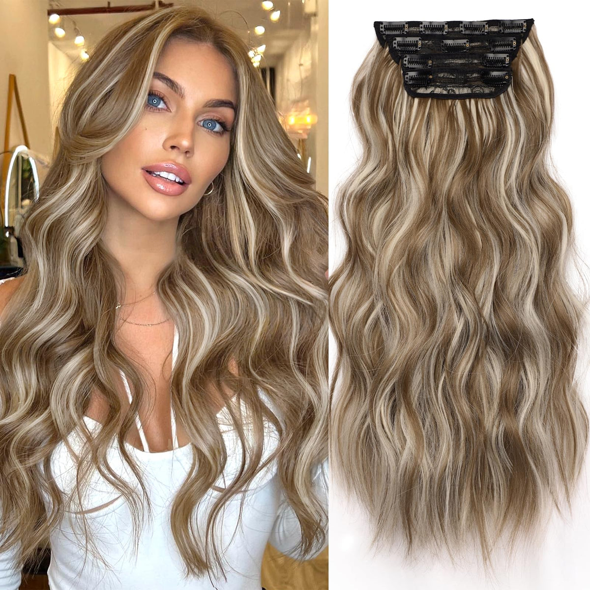 KooKaStyle Wavy Thick Clip-in Hair Extensions 20-inch Brown Mix Ash Blonde front view