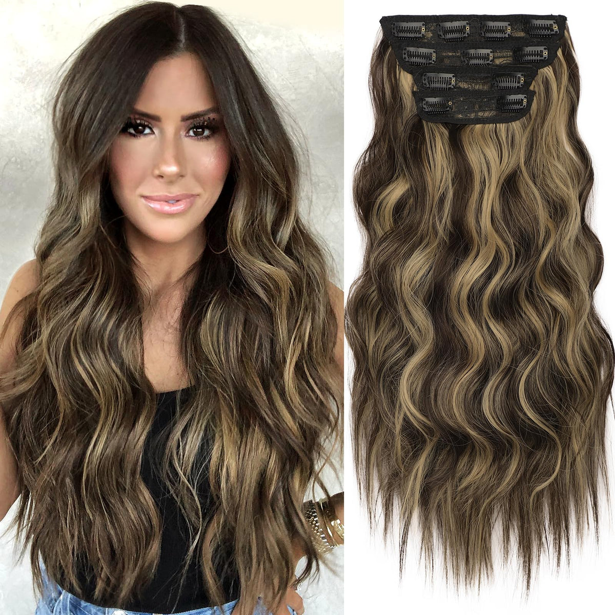 KooKaStyle Wavy Thick Clip in Hair Extensions 20-inch Brown Mix Sandy Blonde front view