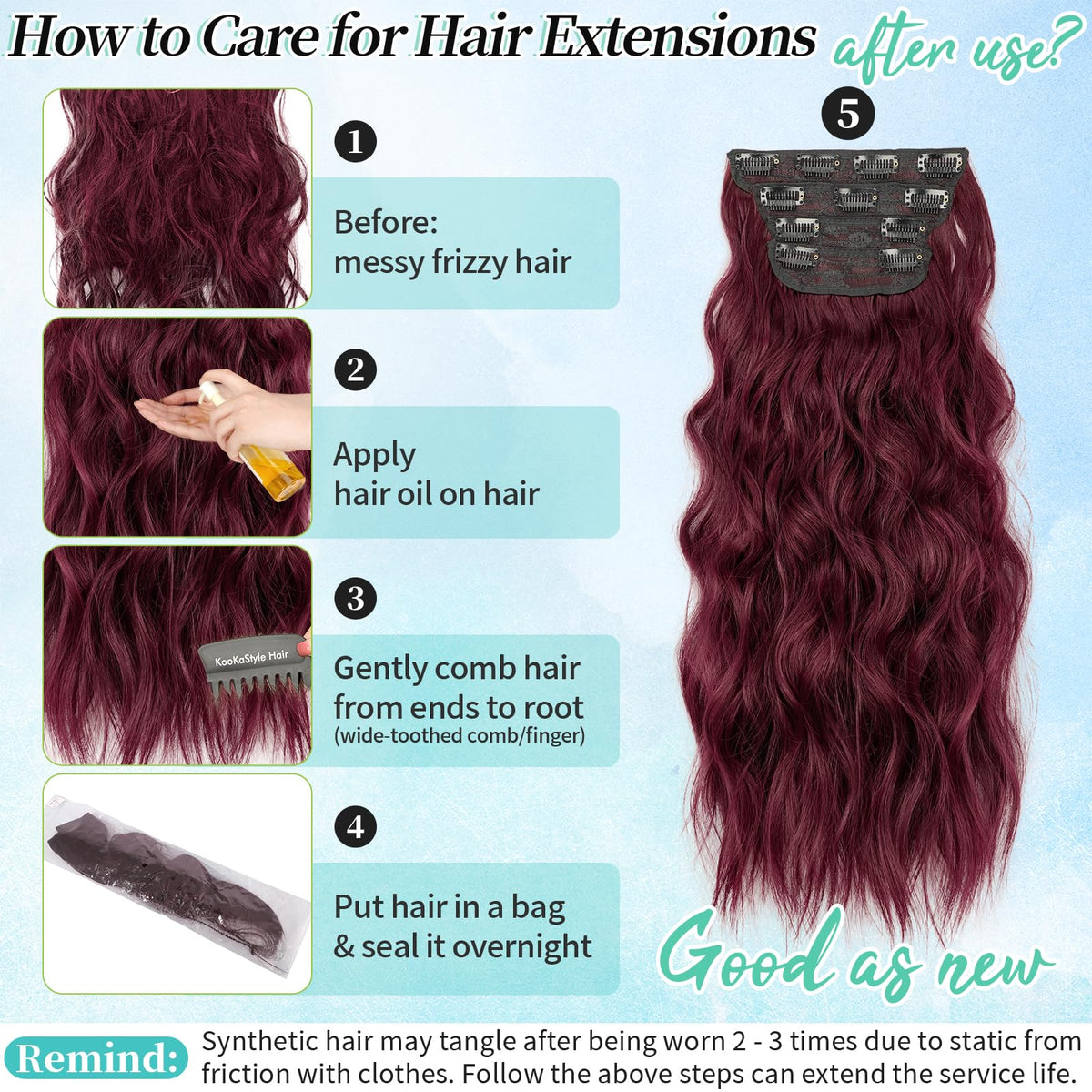 KooKaStyle Wavy Thick Clip in Hair Extensions 20 inch Burgundy close-up