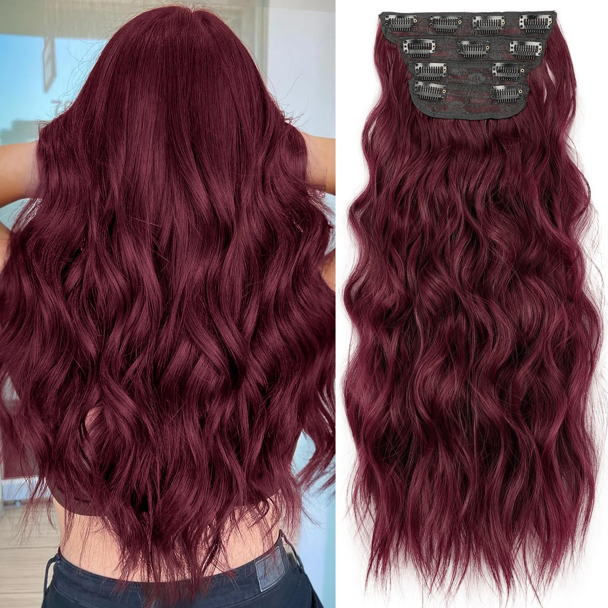 KooKaStyle Wavy Thick Clip in Hair Extensions 20 inch Burgundy front view