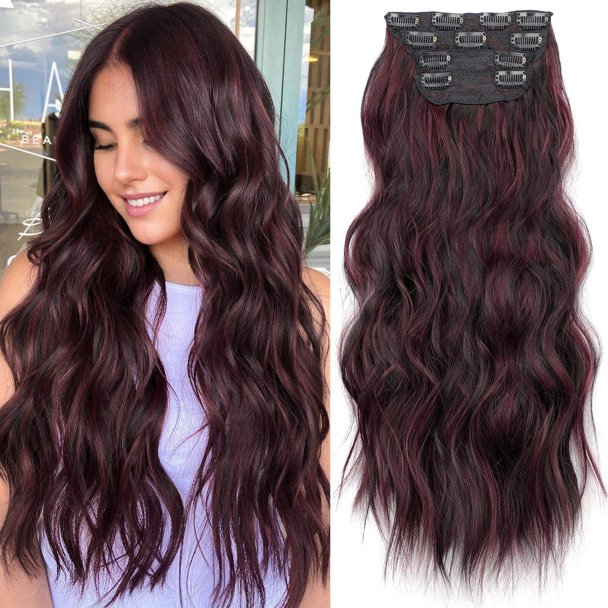 KooKaStyle Wavy Thick Clip in Hair Extensions 20-inch Burgundy Mix front view