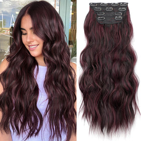 KooKaStyle Wavy Thick Clip in Hair Extensions 20-inch Burgundy Mix front view