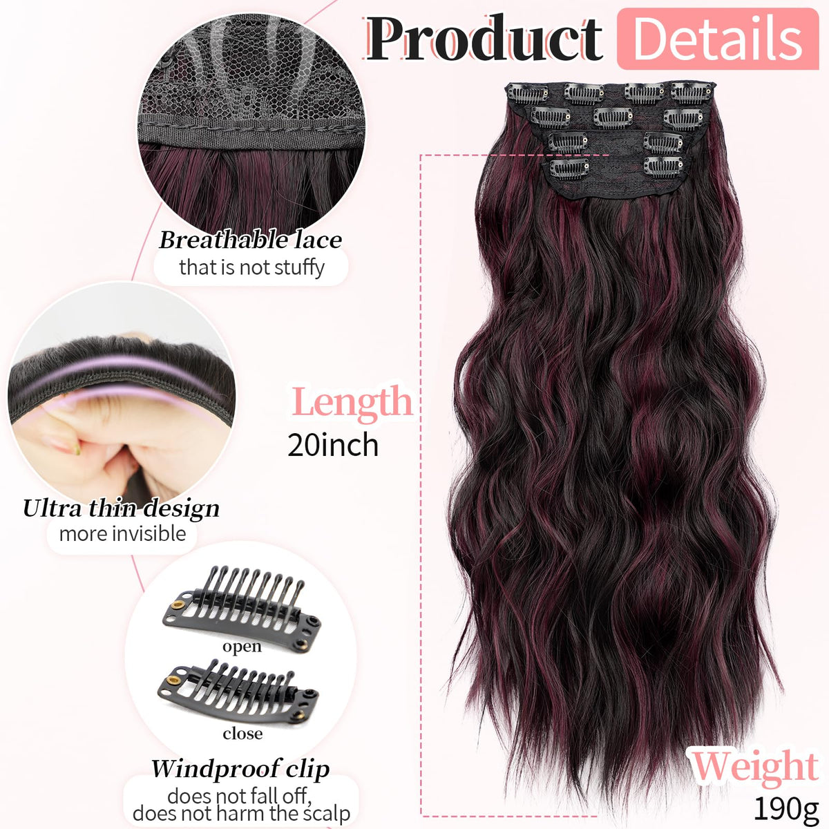 KooKaStyle Wavy Thick Clip in Hair Extensions 20-inch Burgundy Mix side view