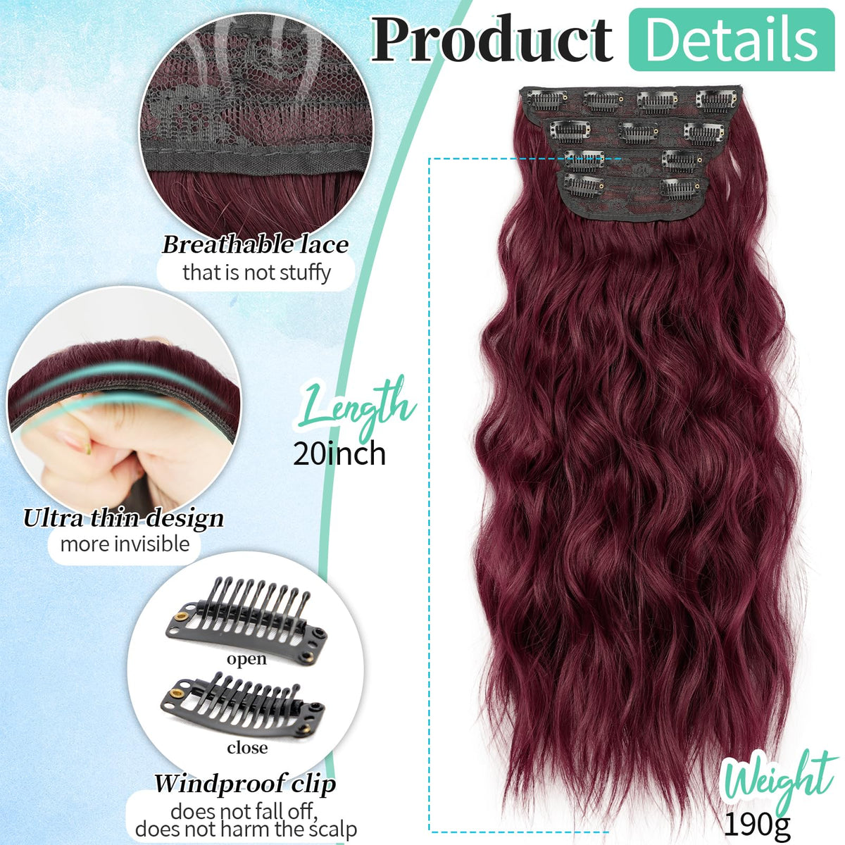 KooKaStyle Wavy Thick Clip in Hair Extensions 20 inch Burgundy side view