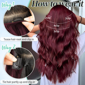 KooKaStyle Wavy Thick Clip in Hair Extensions 20 inch Burgundy styled in hair