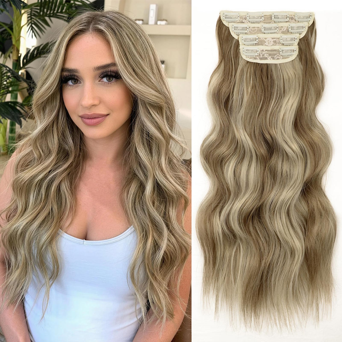 KooKaStyle Wavy Thick Clip in Hair Extensions 20-inch Dark Ash Blonde Balayage front view