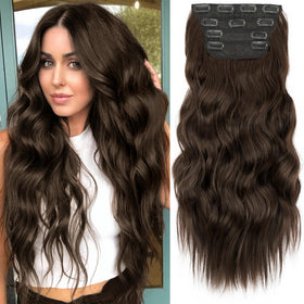 KooKaStyle Wavy Thick Clip in Hair Extensions 20 inch Dark Chocolate Brown front view