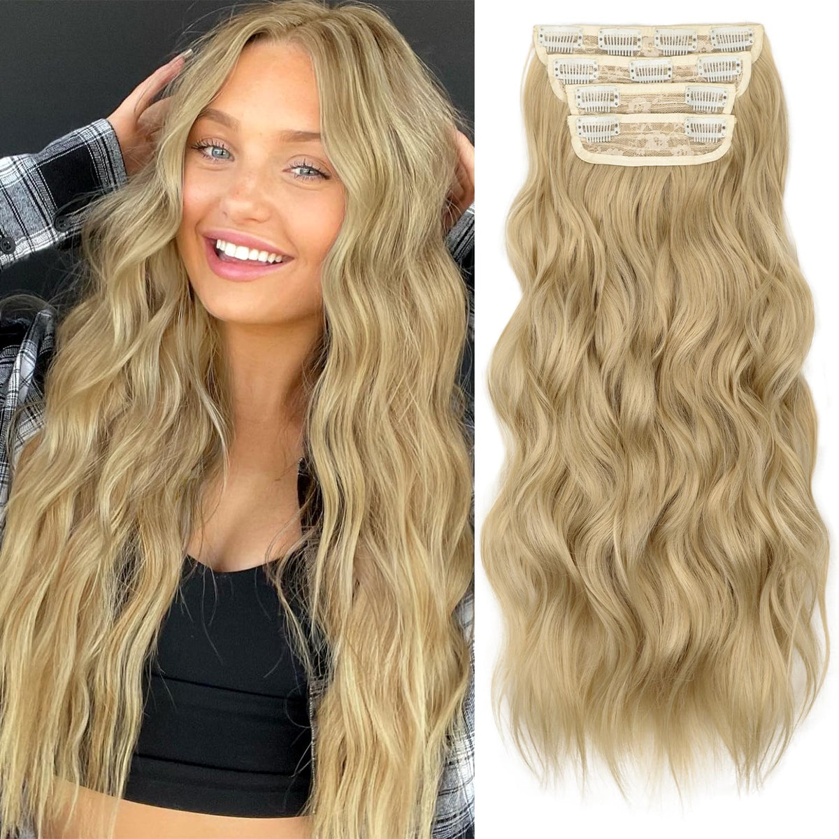 KooKaStyle Wavy Thick Clip in Hair Extensions 20 inch Golden Blonde front view