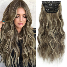 KooKaStyle Wavy Thick Clip in Hair Extensions 20-inch Medium Brown Ash Blonde front view