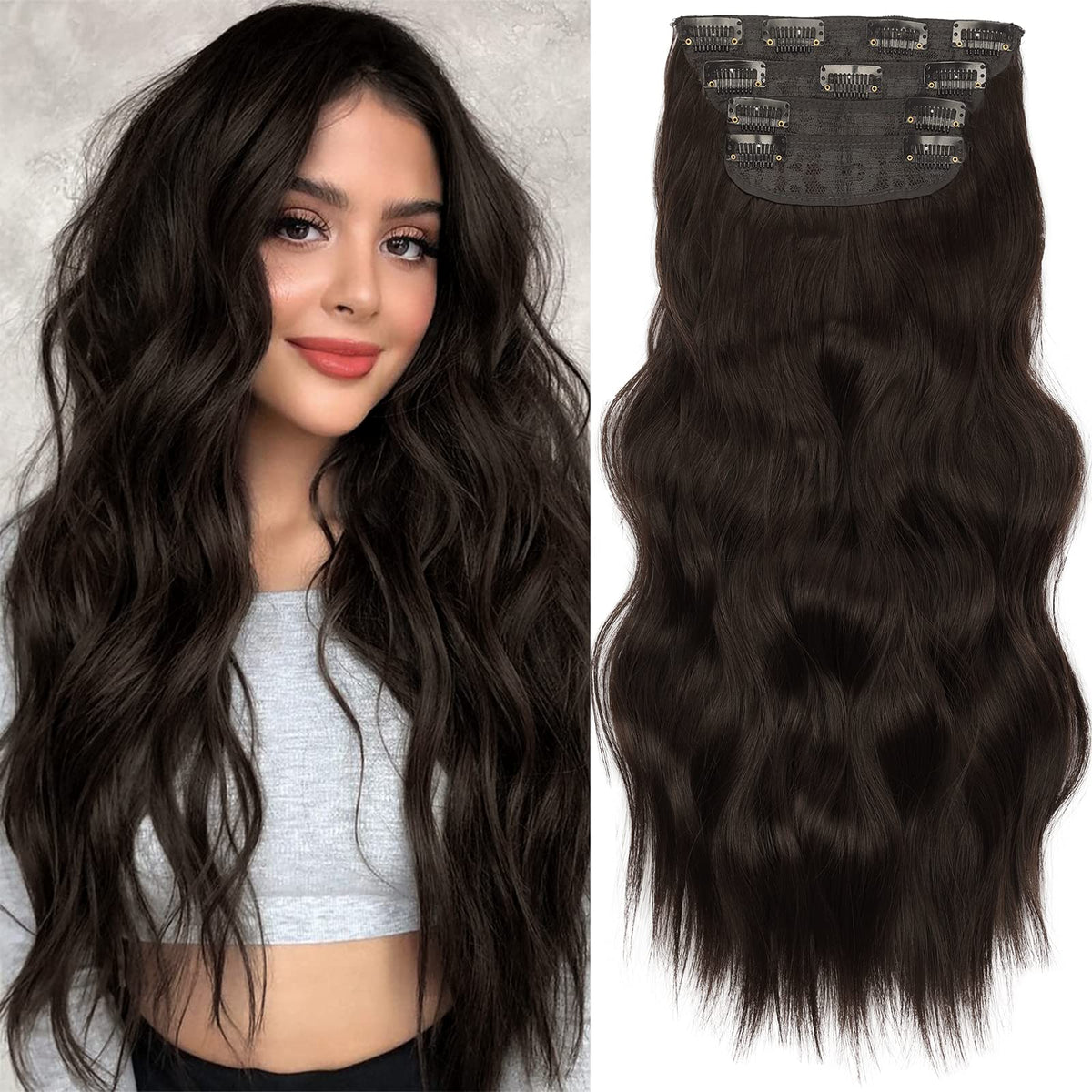 KooKaStyle Wavy Thick Clip in Hair Extensions 20-inch Medium Brown front view
