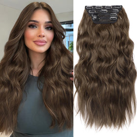 KooKaStyle Wavy Thick Clip in Hair Extensions 20-inch Medium Brown front view