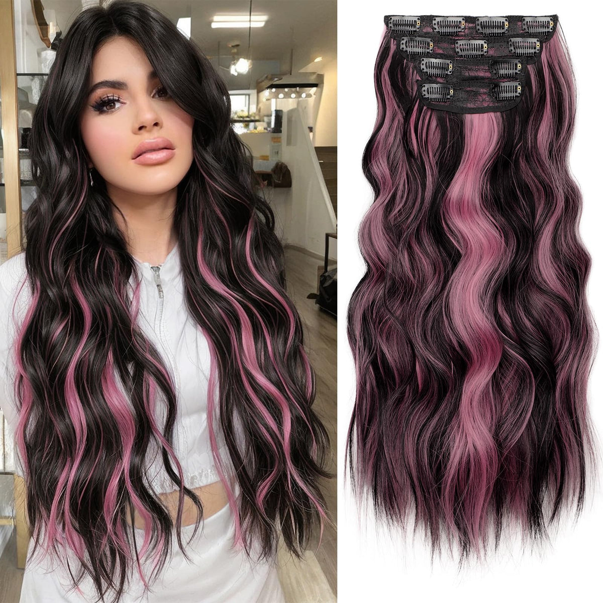 KooKaStyle Wavy Thick Clip in Hair Extensions 20-inch Natural Black Pink front view