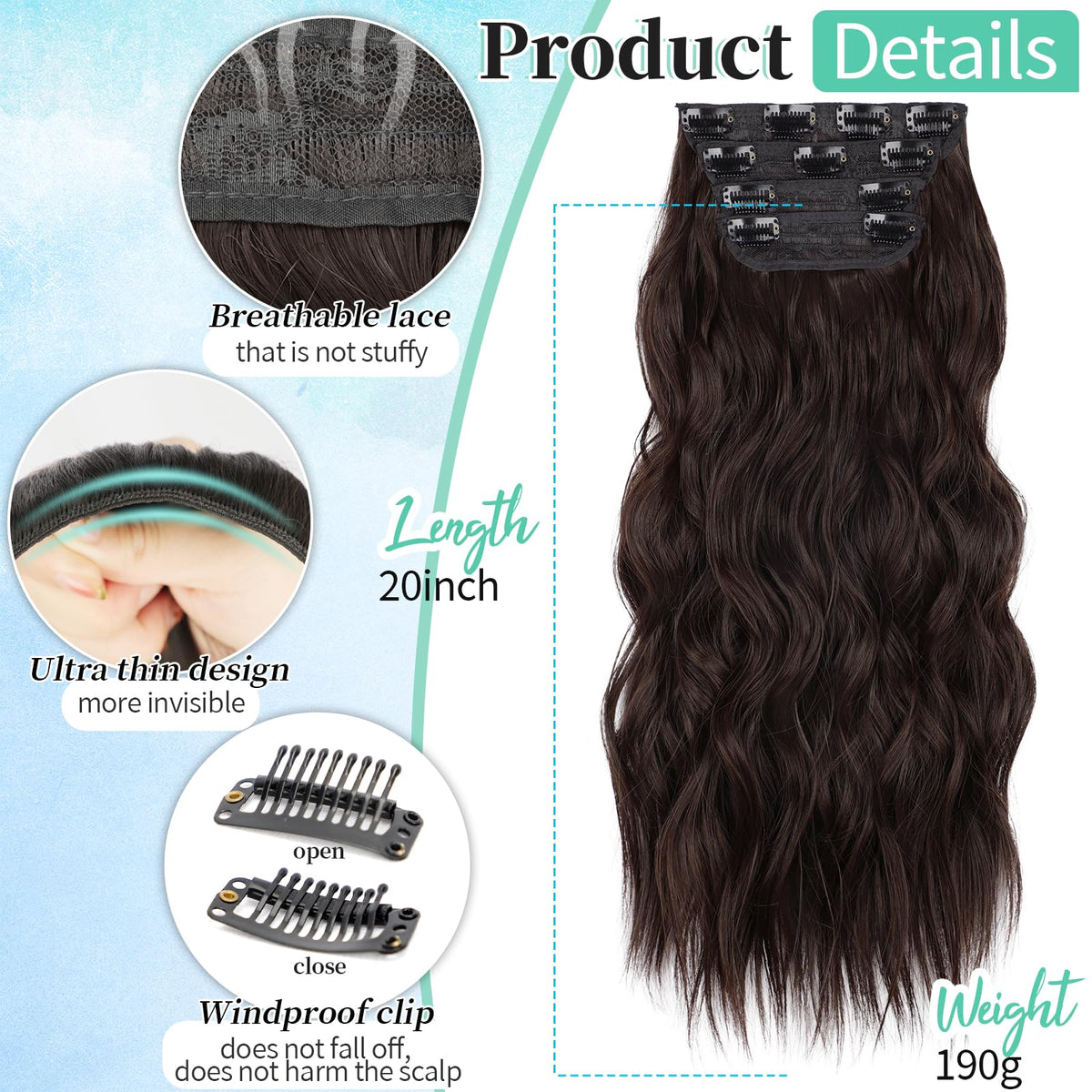KooKaStyle Wavy Thick Clip in Hair Extensions 20 inch packaging