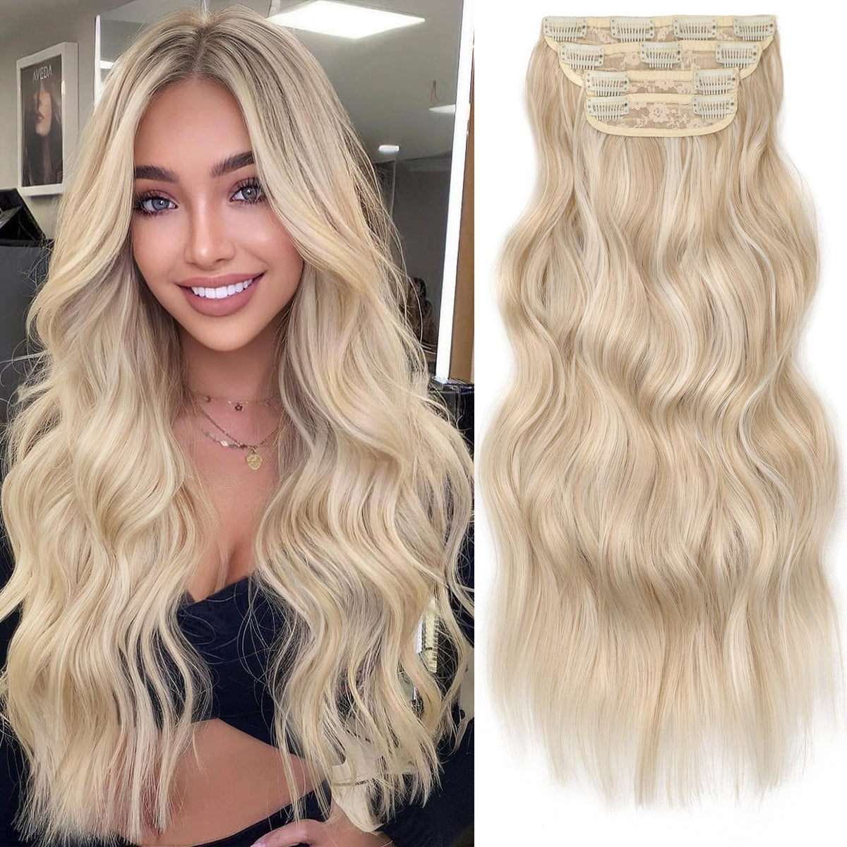 KooKaStyle Wavy Thick Clip in Hair Extensions 20-inch Pearl Blonde front view