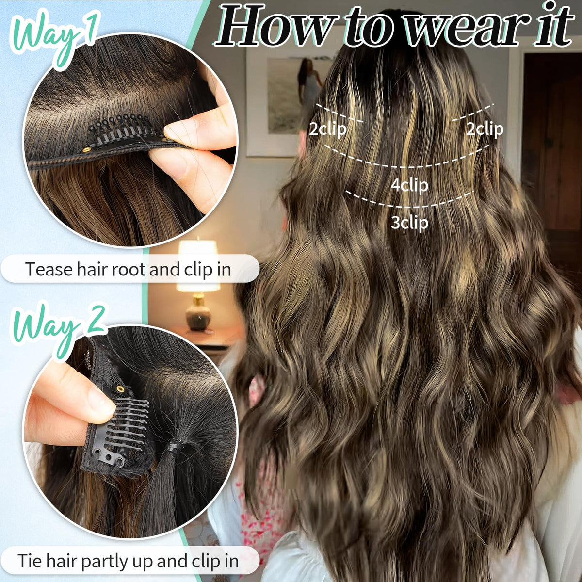 KooKaStyle Wavy Thick Clip in Hair Extensions 20-inch styled on a mannequin