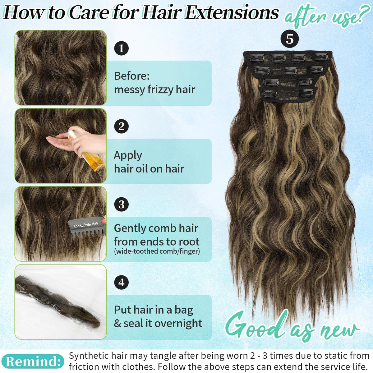 KooKaStyle Wavy Thick Clip in Hair Extensions 20-inch with natural hair blend