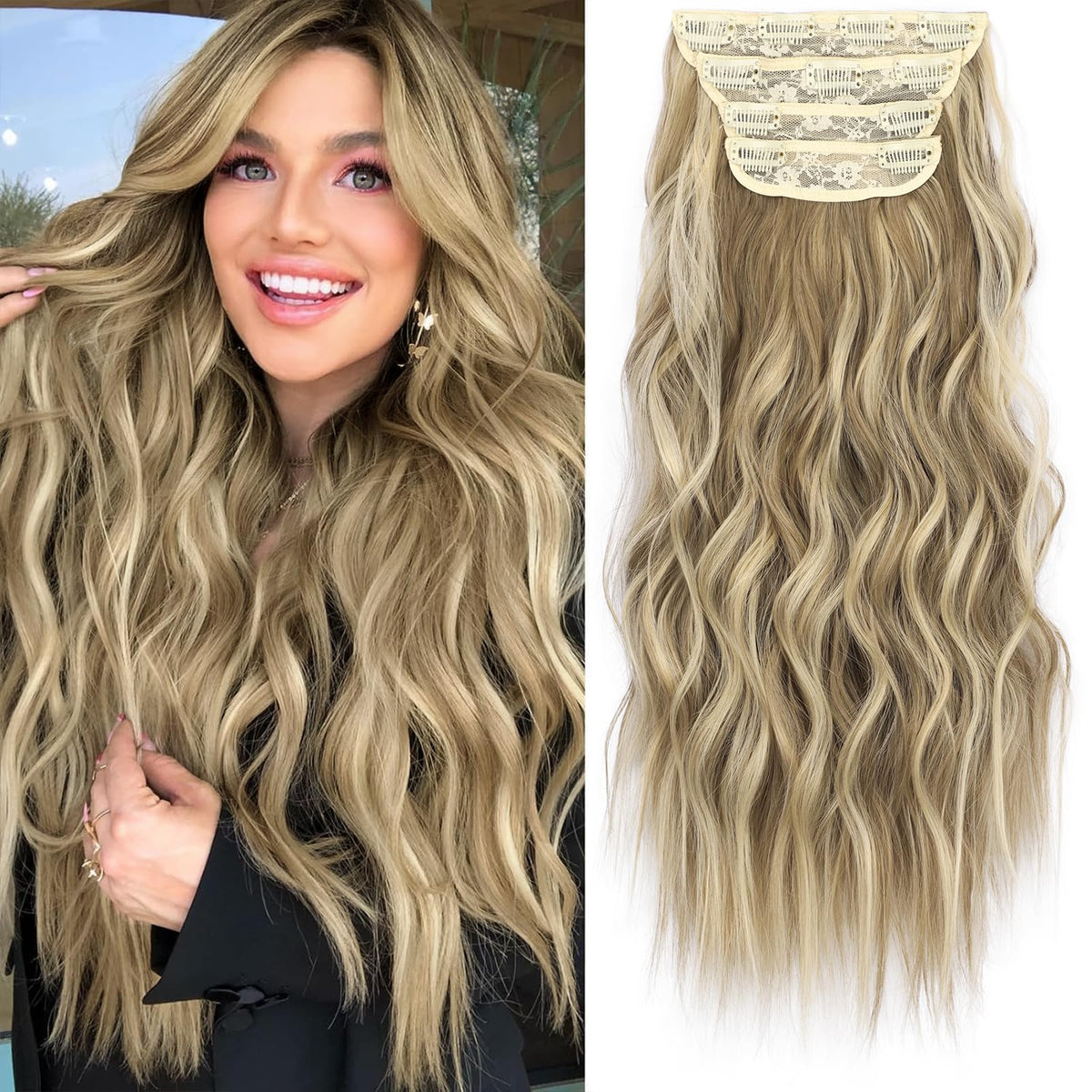 KooKaStyle Wavy Thick Clip in Hair Extensions 20 inches brown sandy blonde front view
