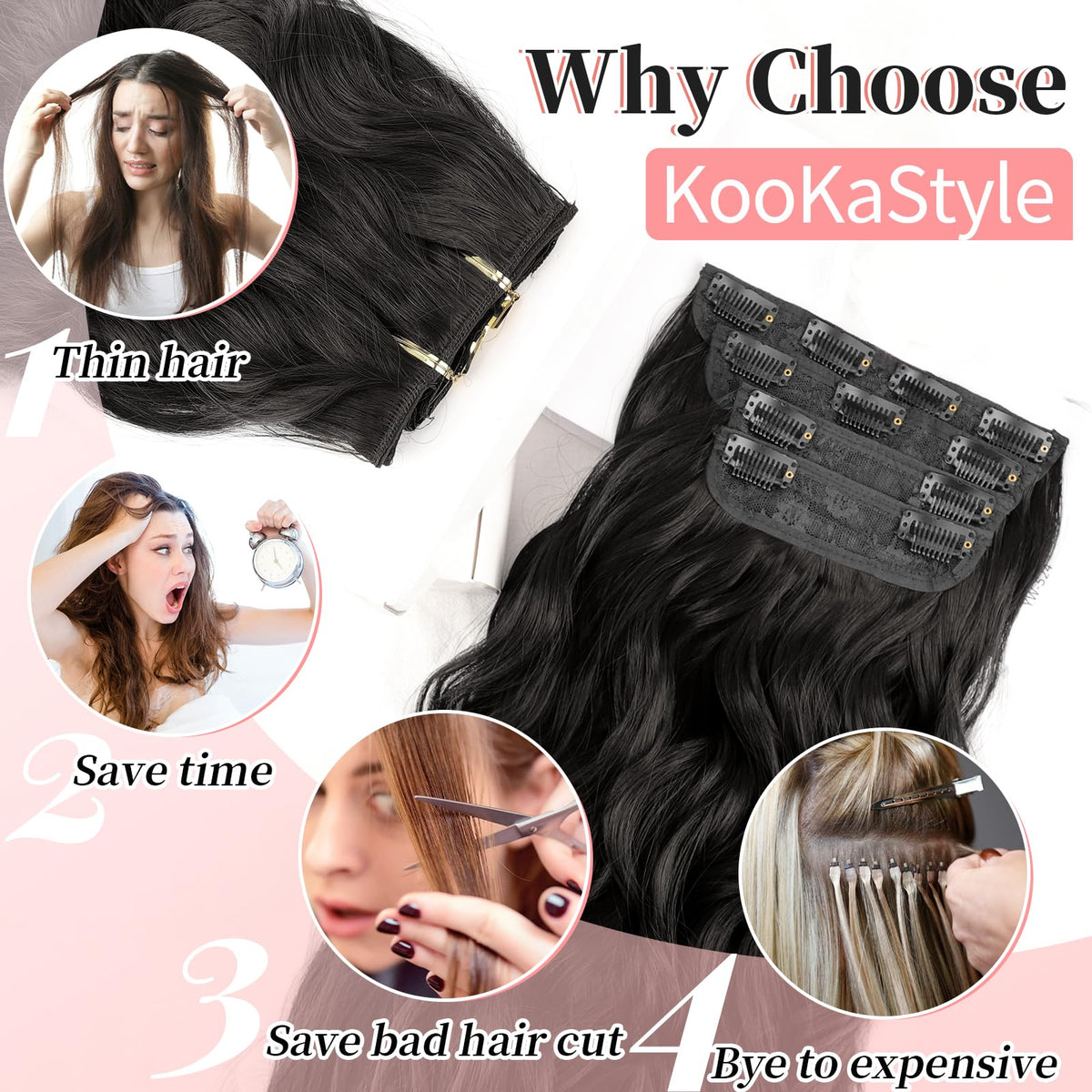 KooKaStyle Wavy Thick Clip in Hair Extensions 20" Natural Black back view