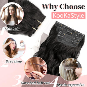 KooKaStyle Wavy Thick Clip in Hair Extensions 20" Natural Black back view