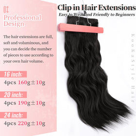 KooKaStyle Wavy Thick Clip in Hair Extensions 20" Natural Black close-up of clips