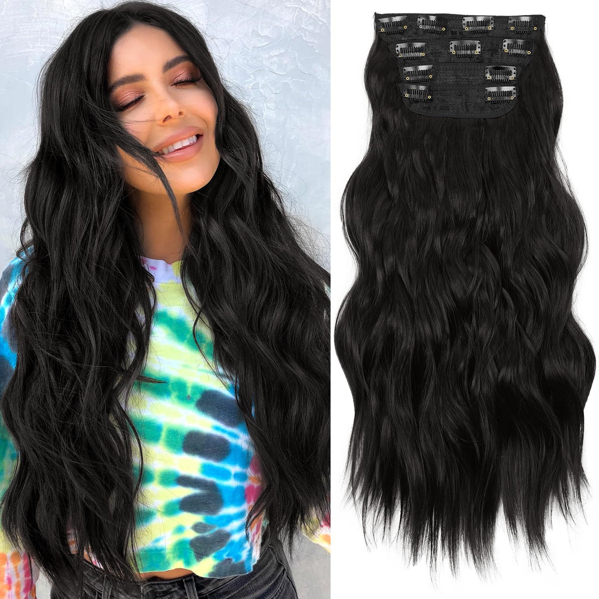 KooKaStyle Wavy Thick Clip in Hair Extensions 20" Natural Black front view