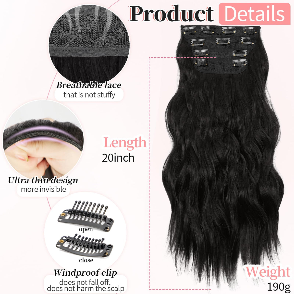 KooKaStyle Wavy Thick Clip in Hair Extensions 20" Natural Black packaging