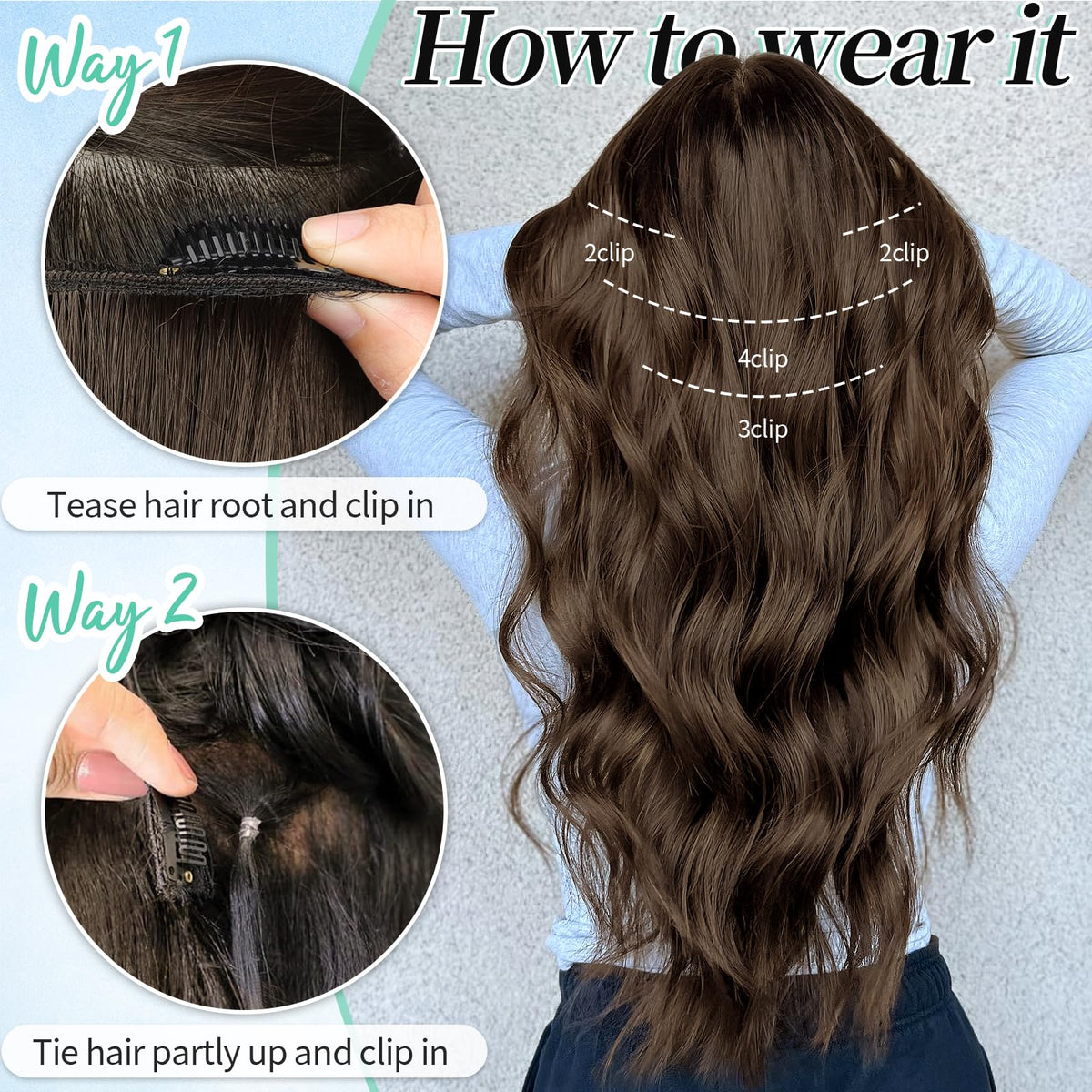 KooKaStyle Wavy Thick Clip in Hair Extensions 24" Chocolate Brown back view