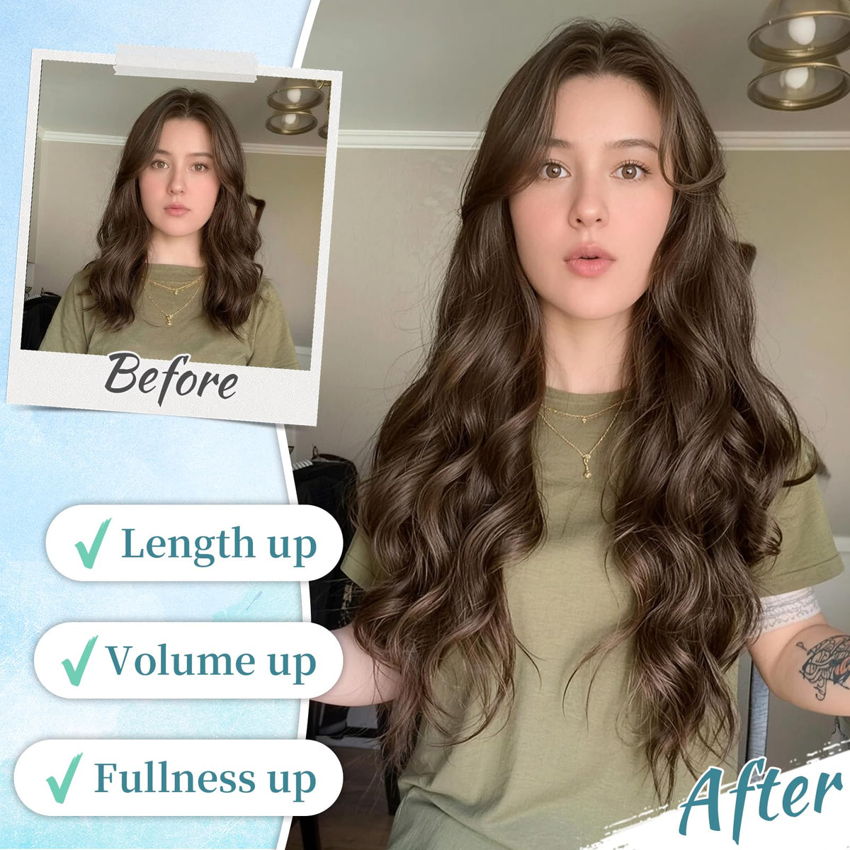 KooKaStyle Wavy Thick Clip in Hair Extensions 24" Chocolate Brown close-up of clips