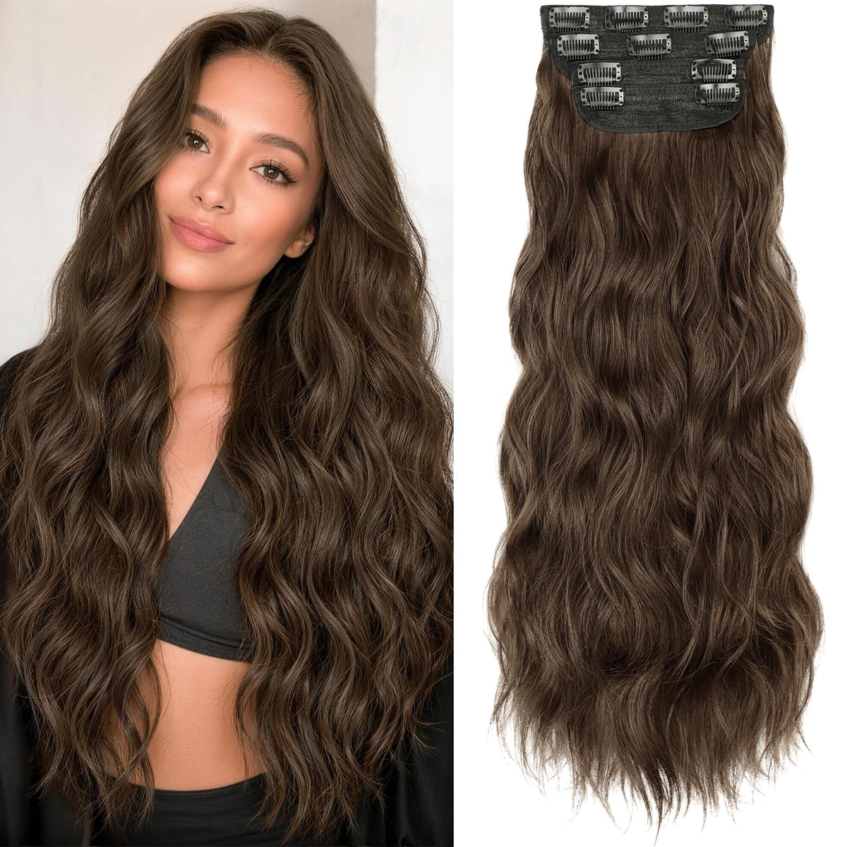 KooKaStyle Wavy Thick Clip in Hair Extensions 24" Chocolate Brown front view