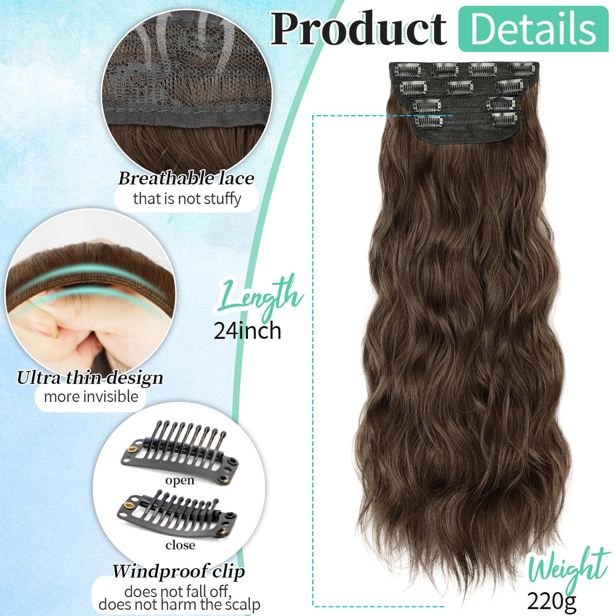 KooKaStyle Wavy Thick Clip in Hair Extensions 24" Chocolate Brown packaging